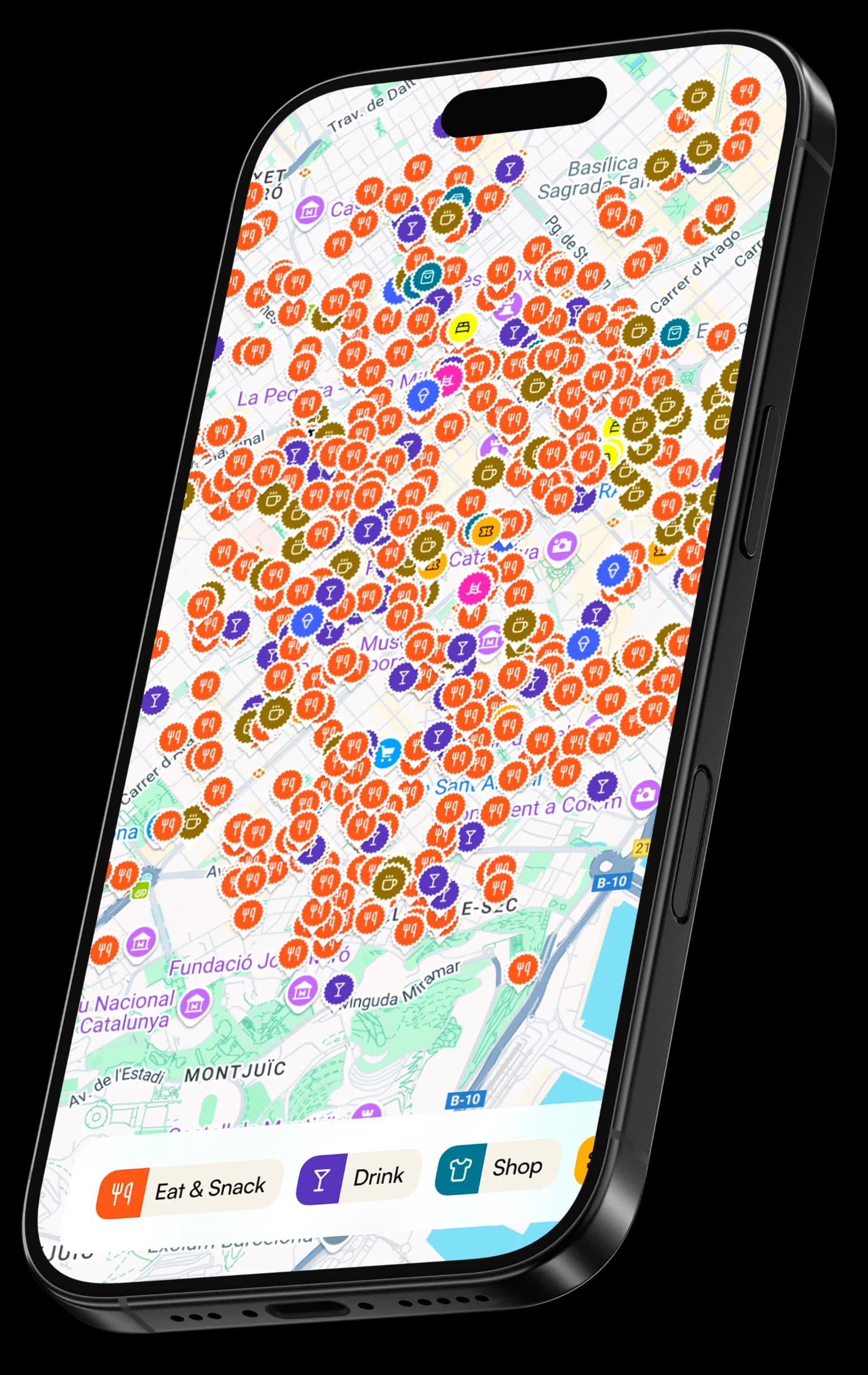 BCN CLUB app showing curated spots on a map